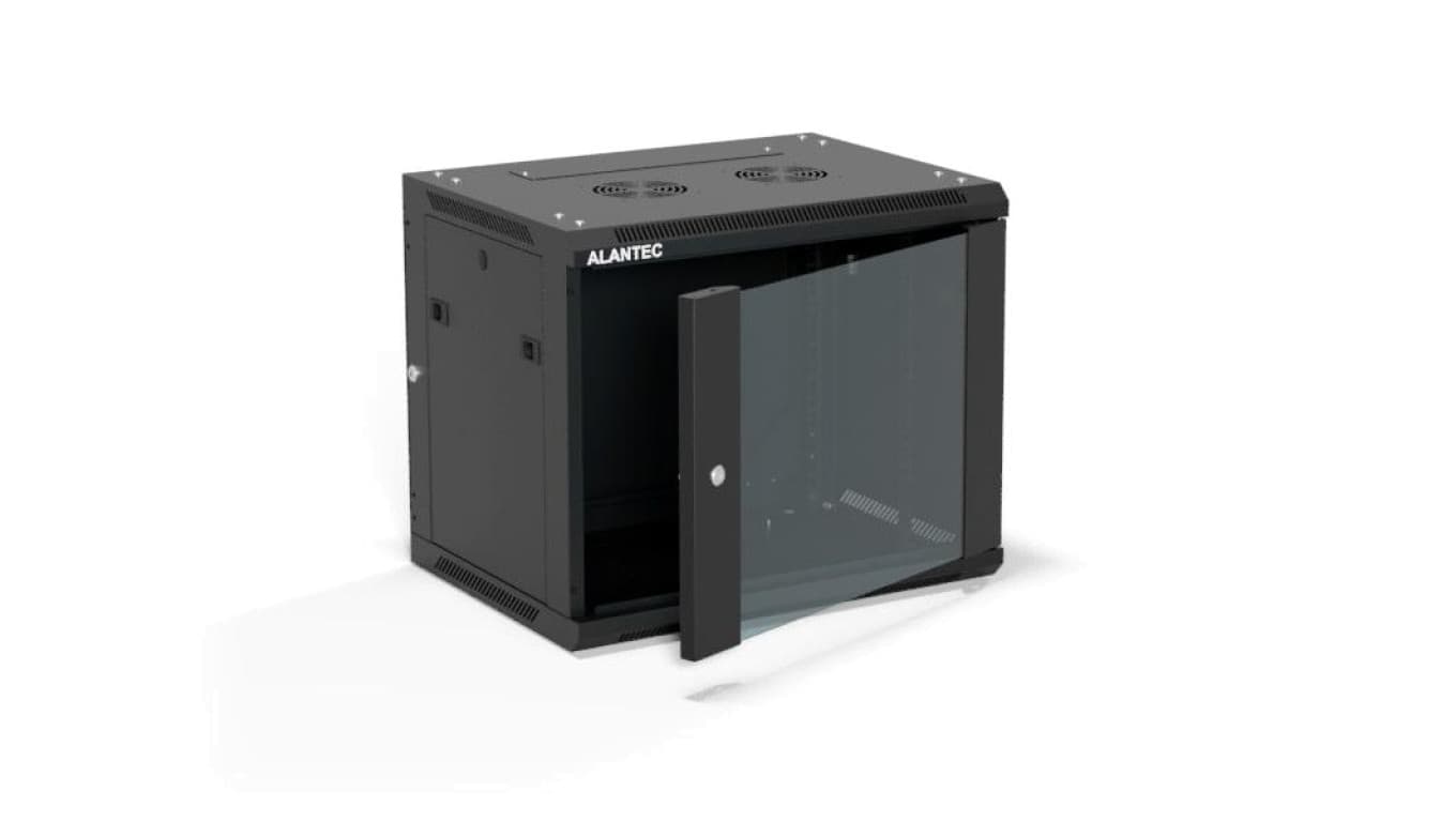 Szafa rack wisząca 19 cali 9U 600x450, drzwi szklane, tył i osłony boczne demontowalne, ZŁOŻONA kolor czarny ALANTEC