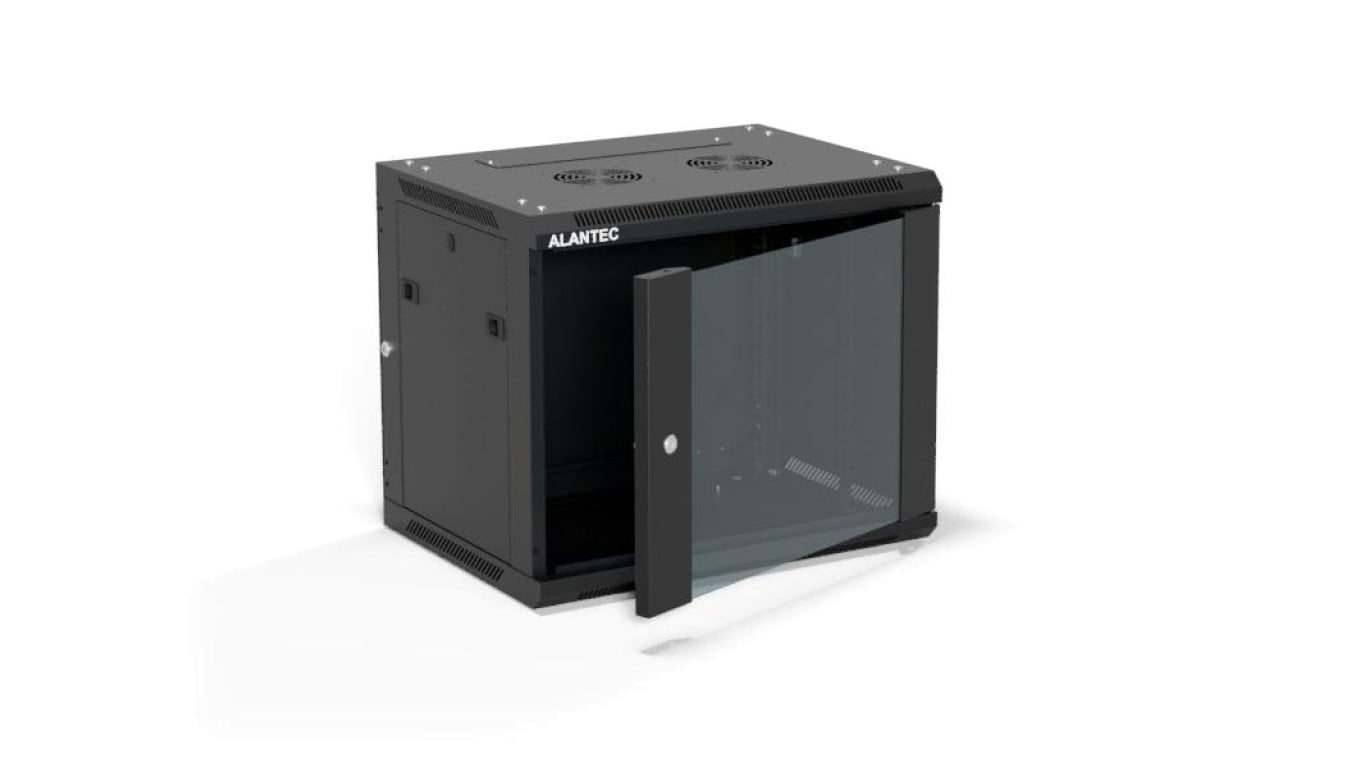 Szafa rack wisząca 19 cali 9U 600x450, drzwi szklane, tył i osłony boczne demontowalne, ZŁOŻONA kolor czarny ALANTEC