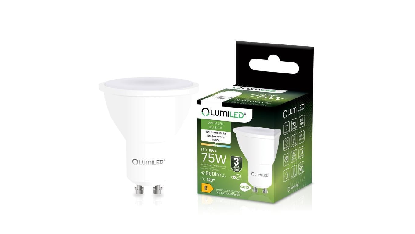 Żarówka LED GU10 Reflektor PAR16 8W = 75W 800lm 4000K Neutralna 120 LUMILED