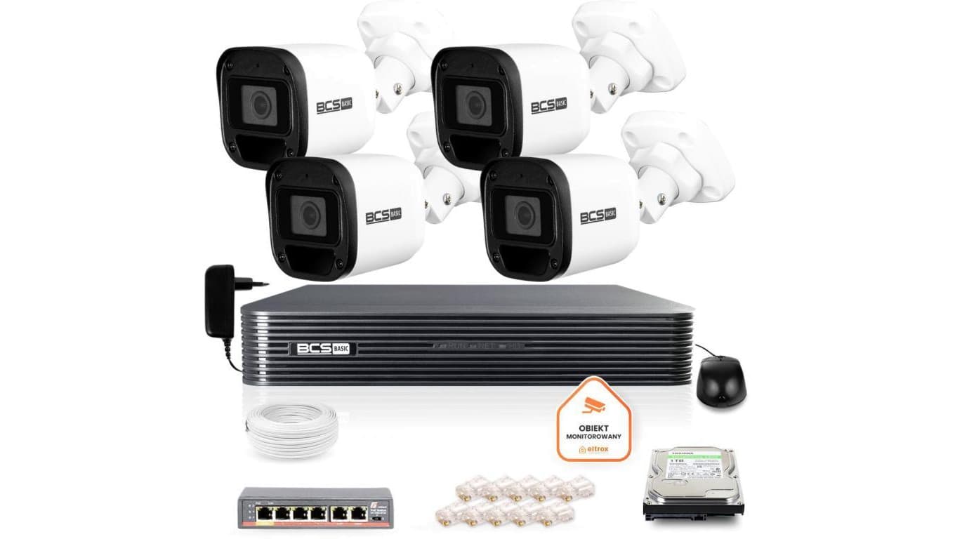 Zestaw monitoringu IP 4x kamera BCS-B-TIP12FR3(2.0) + rejestrator 1TB