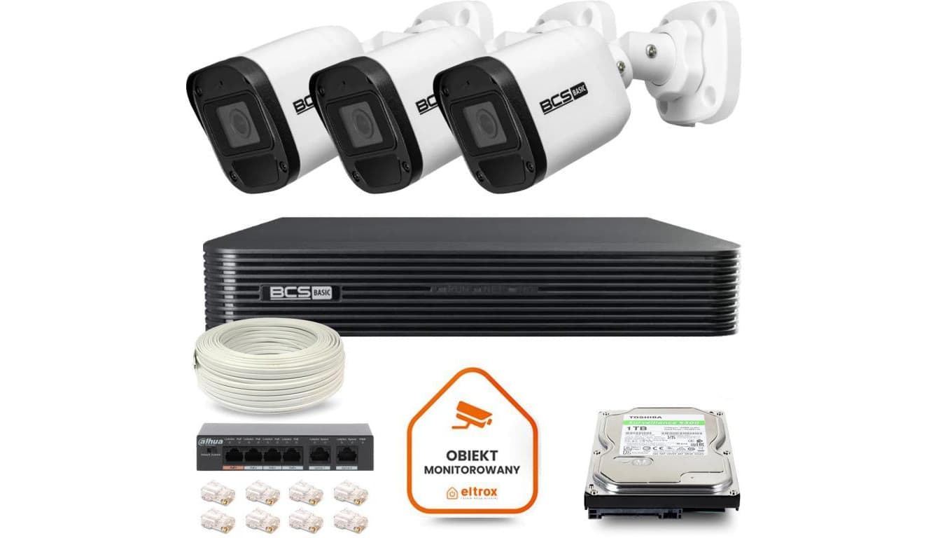 Zestaw monitoringu IP 3x kamera BCS-B-TIP15FR3(2.0) + rejestrator 1TB