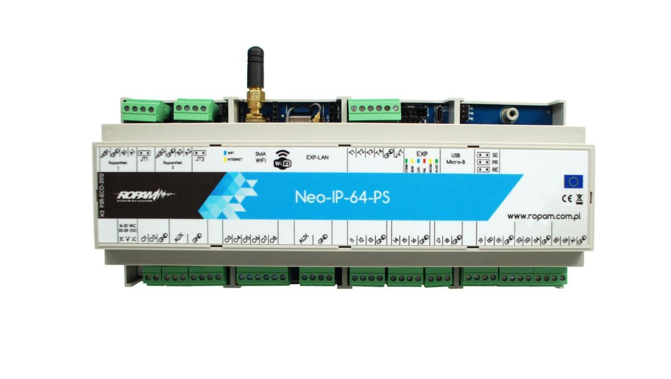 Centrala alarmowa Neo-IP-64-PS-D12M, WiFi, 4 strefy, 16-64 wejść, 8-40 wyjść, 24V DC