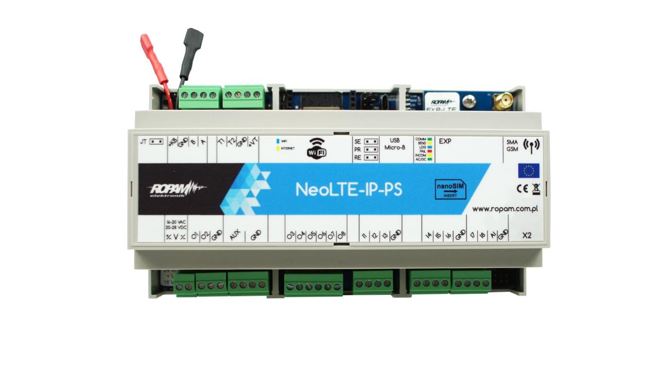 Centrala alarmowa NeoLTE-IP-PS-D9M, LTE +WiFi, 2 strefy, 8-32 wejść, 8-24 wyjść, 24VDC