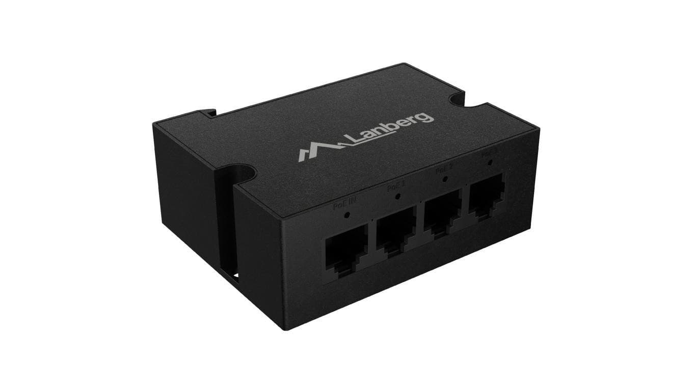 Extender PoE+ (802.3at/802.3af) na 4 porty (1x PoE IN / 3x PoE OUT) do 100 Mb/s na szynę DIN TS35 Lanberg