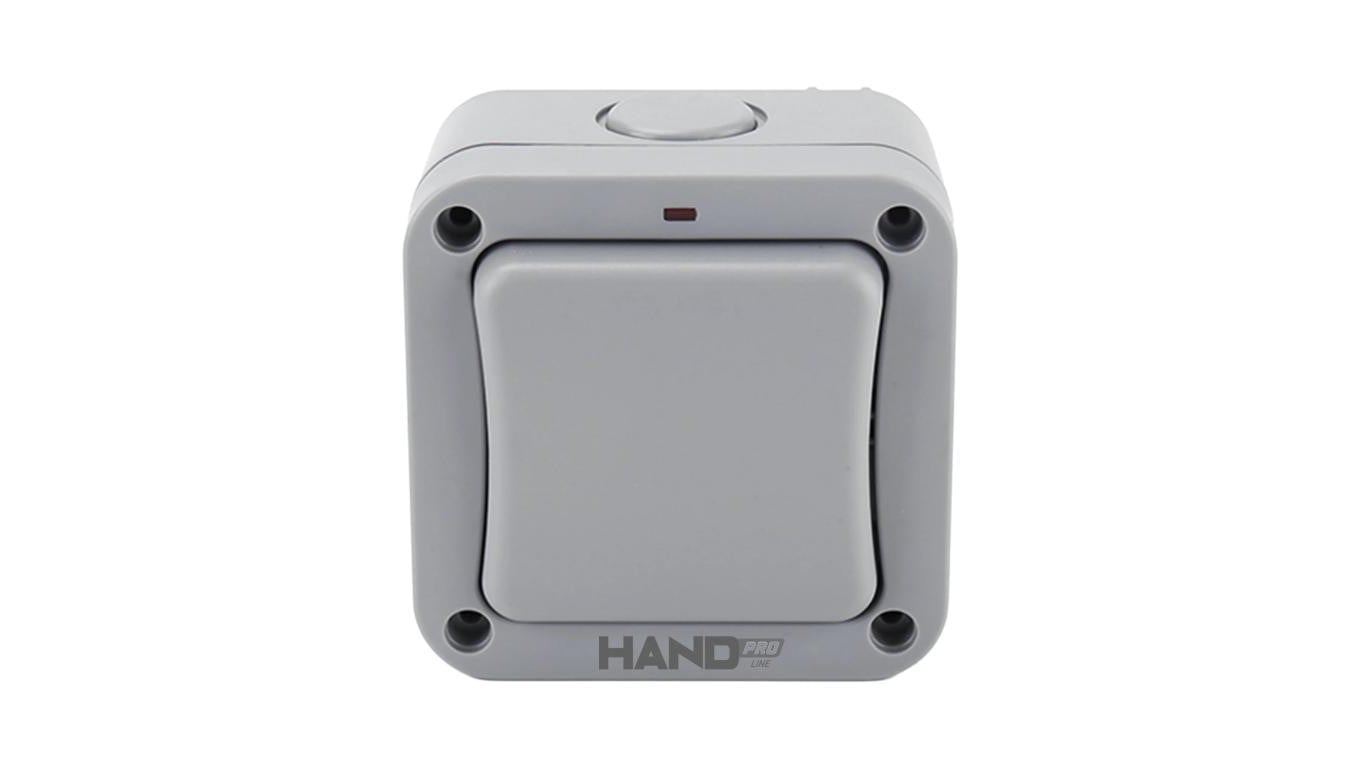 Łącznik schodowy pojedynczy 2-biegunowy natynkowy hermetyczny IP66 z podświetleniem szary 20A HAND PRO WWS-1K/S-N/T