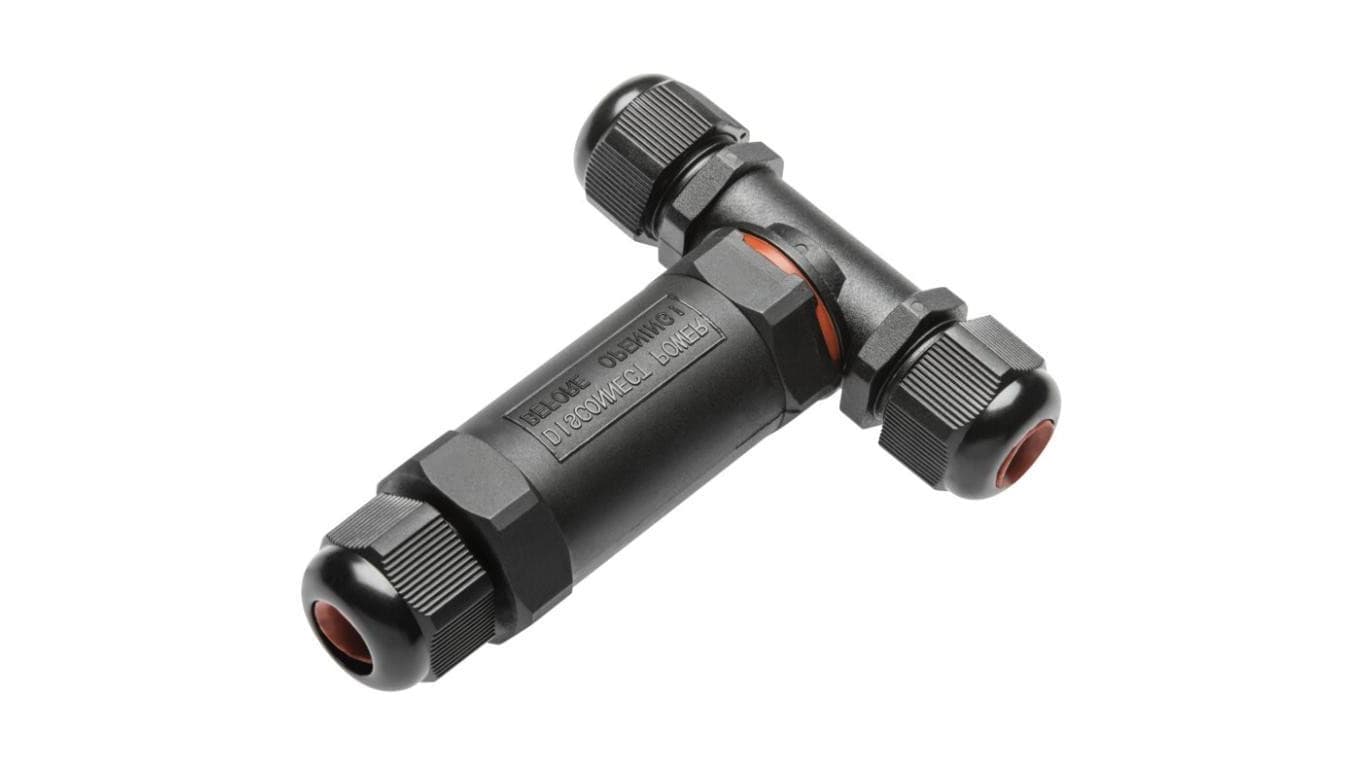 Mufa kablowa z dławikami na kable do 3x1,5mm2, 16A, kształt T, hermetyczna IP67 UV trójnik czarna GTV