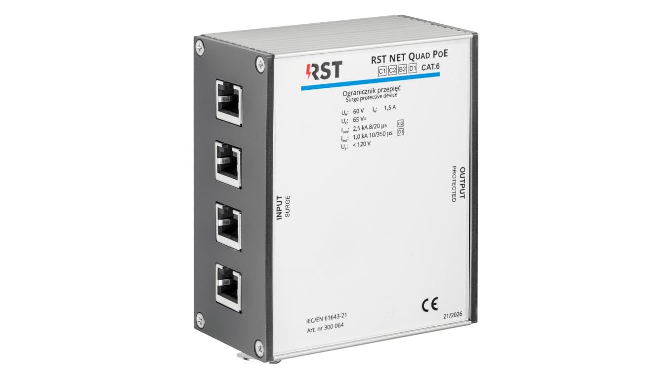 Ogranicznik przepięć RST NET QUAD PoE do ochrony sieci Ethernet i systemów CCTV