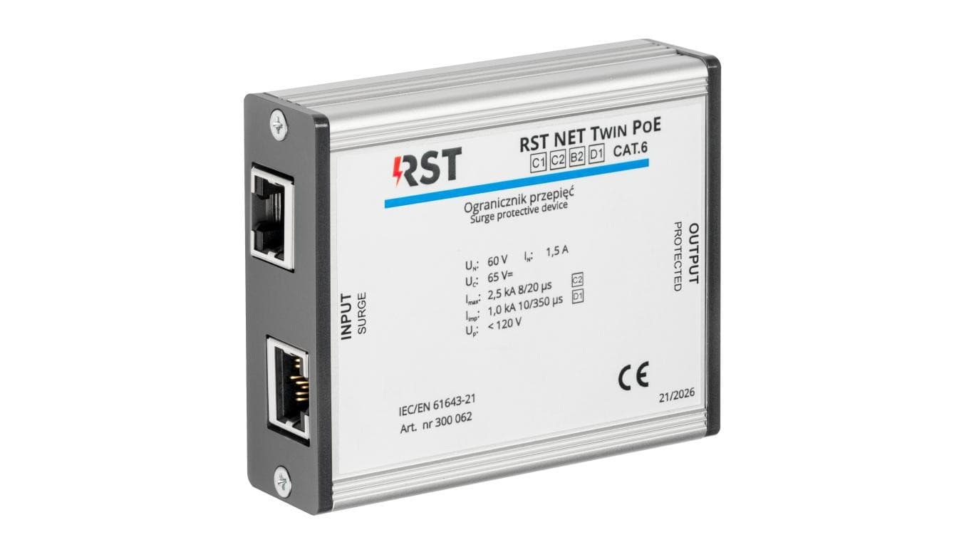 Ogranicznik przepięć RST NET TWIN PoE do ochrony sieci Ethernet i systemów CCTV
