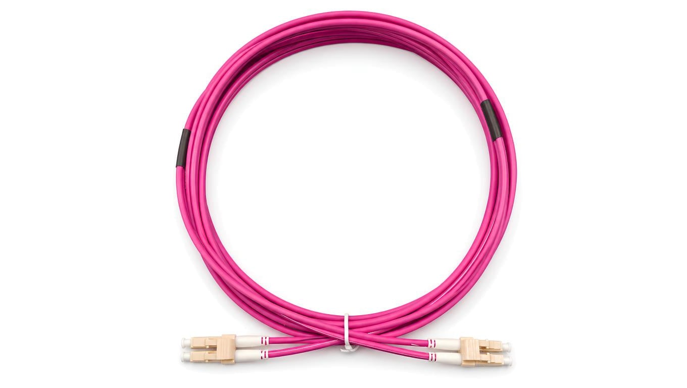 Patchcord światłowodowy MM LC/UPC-LC/UPC duplex 3mm OM4 bezhalogenowy LSOH magenta 5m NEKU