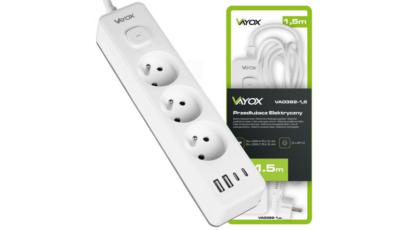 Przedłużacz 1,5MB 3GN+0 3x1,5mm 16A + 2x USB-A + 2x USB-C VA0382-1,5 Vayox