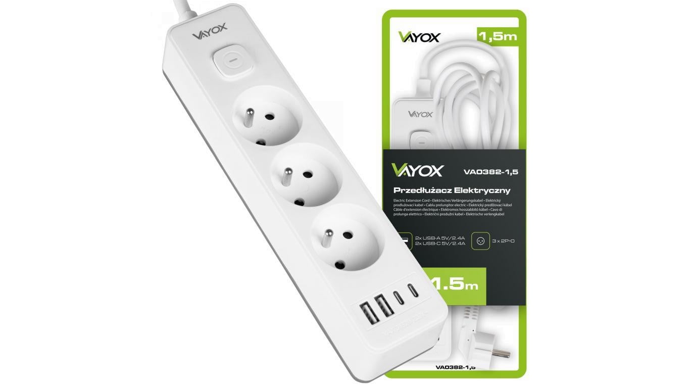 Przedłużacz 1,5MB 3GN+0 3x1,5mm 16A + 2x USB-A + 2x USB-C VA0382-1,5 Vayox