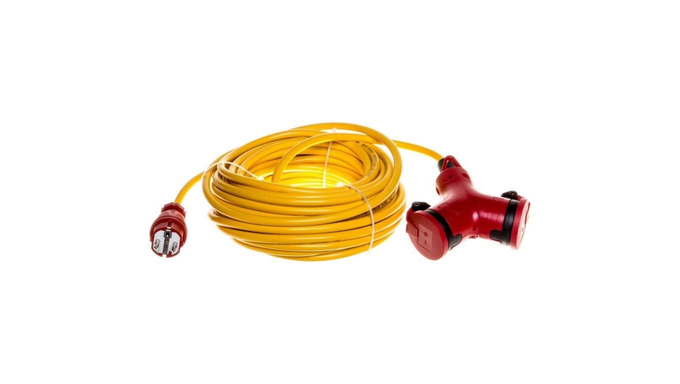Przedłużacz elektryczny Kabel zasilający budowlany (N07V3V3-F) 3x1,5mm2 (wtyk / 2 gniazda z klapką) 16A IP44 żółty 15m PCE