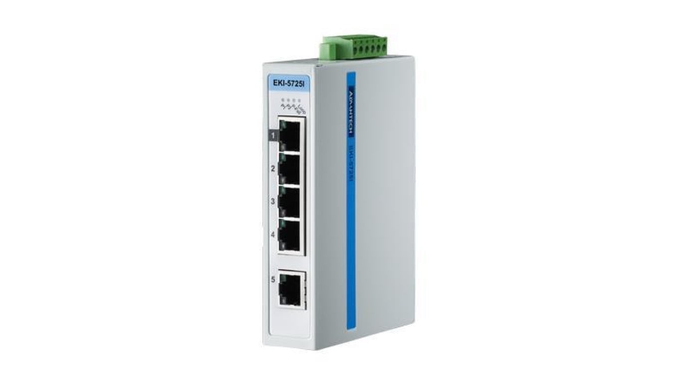Przełącznik sieciowy, z 5x port GE, ProView, jumbo frame 9216 B, 3 poziomem EMS, szeroki zakres temperaturowy EKI-5725I-AE