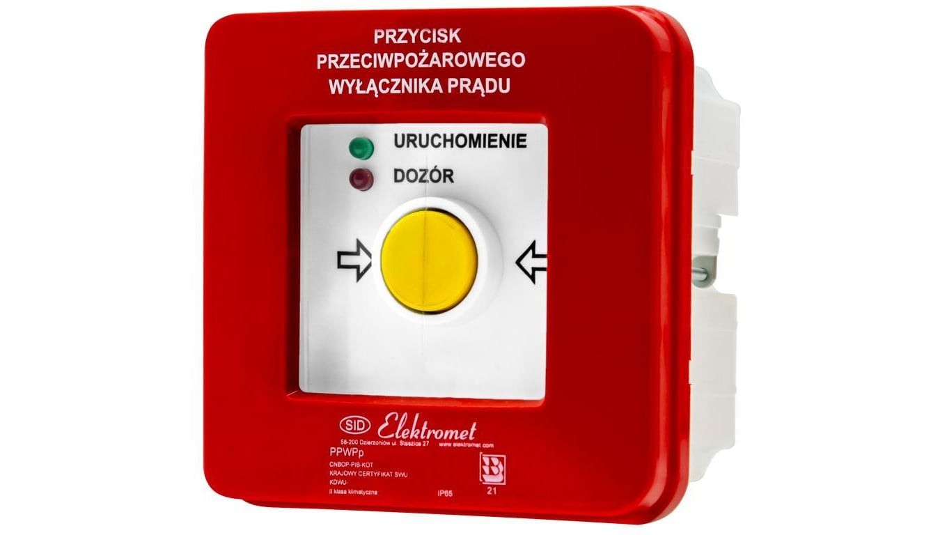 Przycisk ppoż wyłącznika prądu p/t 2 tory prądowe 12A, NC-NO, diody uniwersalne (230V AC lub 24V DC) czerwona/zielona PPWPp-1s A