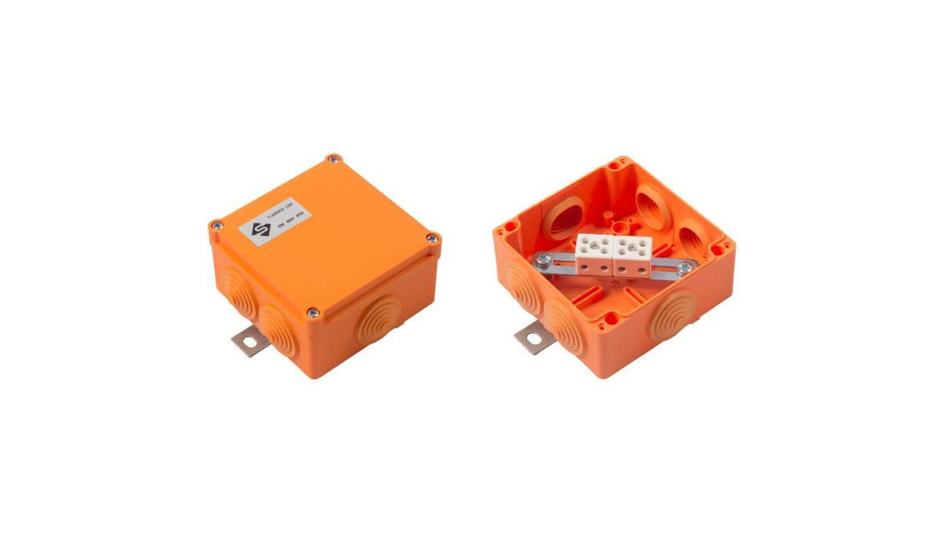 Puszka instalacyjna przeciwpożarowa 100P natynkowa 104x104x57mm hermetyczna IP55 listwa 6x4mm2 pomarańczowa FLAMEBOX