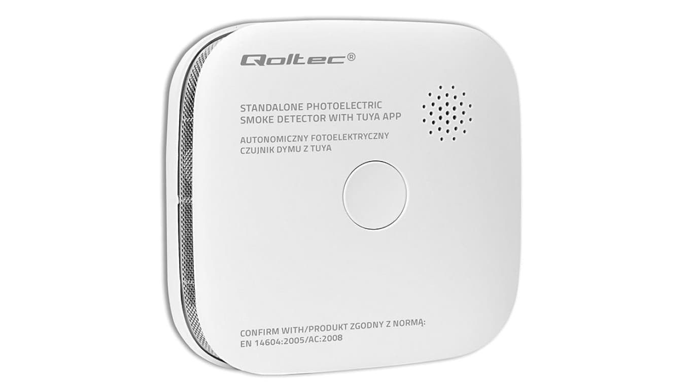 Qoltec Certyfikowany bezprzewodowy Czujnik dymu z baterią Tuya Wi-fi żywotność sensora 10 lat alarm 85dB LED
