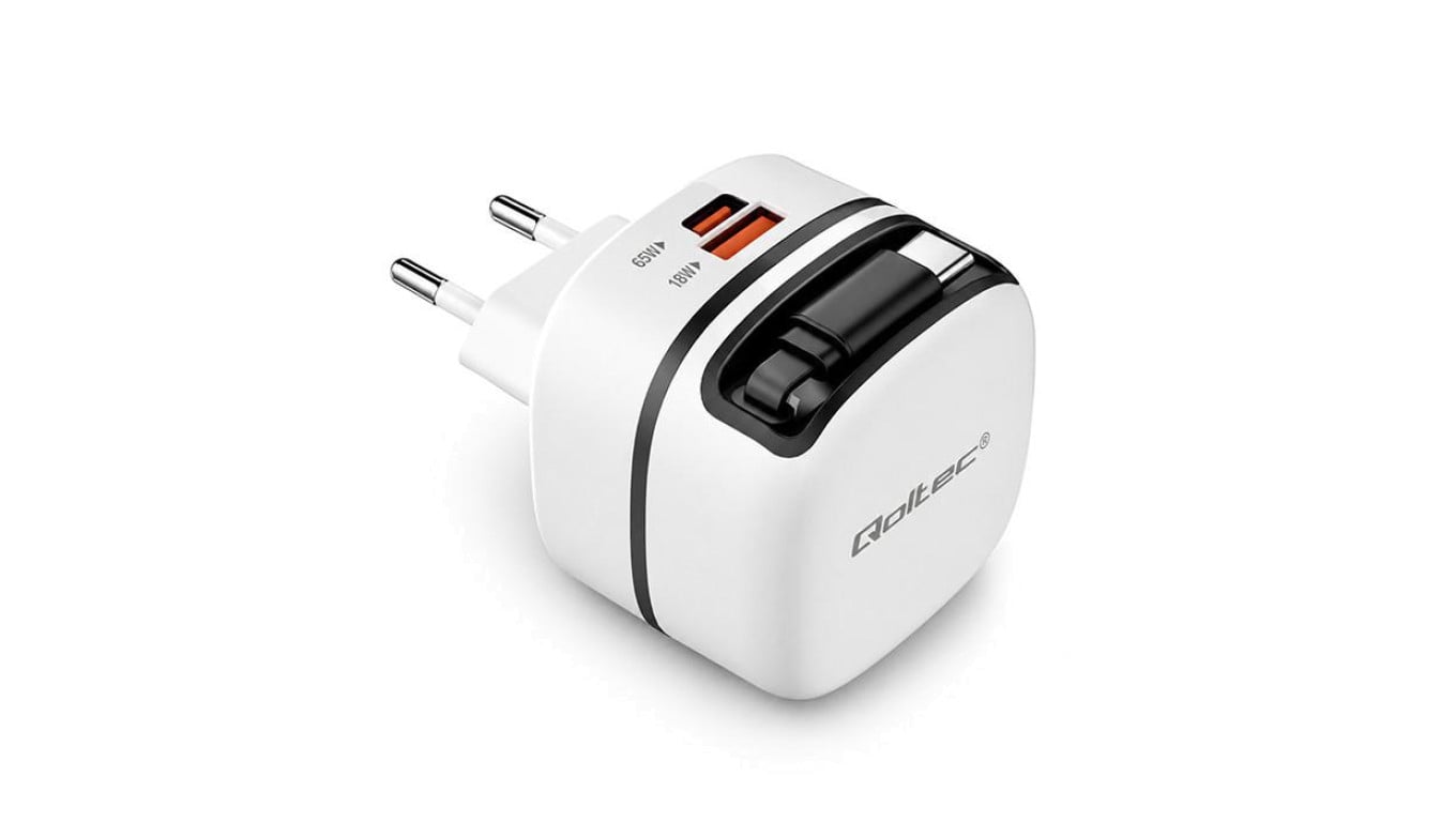 Qoltec Ładowarka sieciowa GaN Super Fast 65W USB-C PD PPS 5-20V 3-3.25A Laptop MacBook Smartfon wysuwany kabel