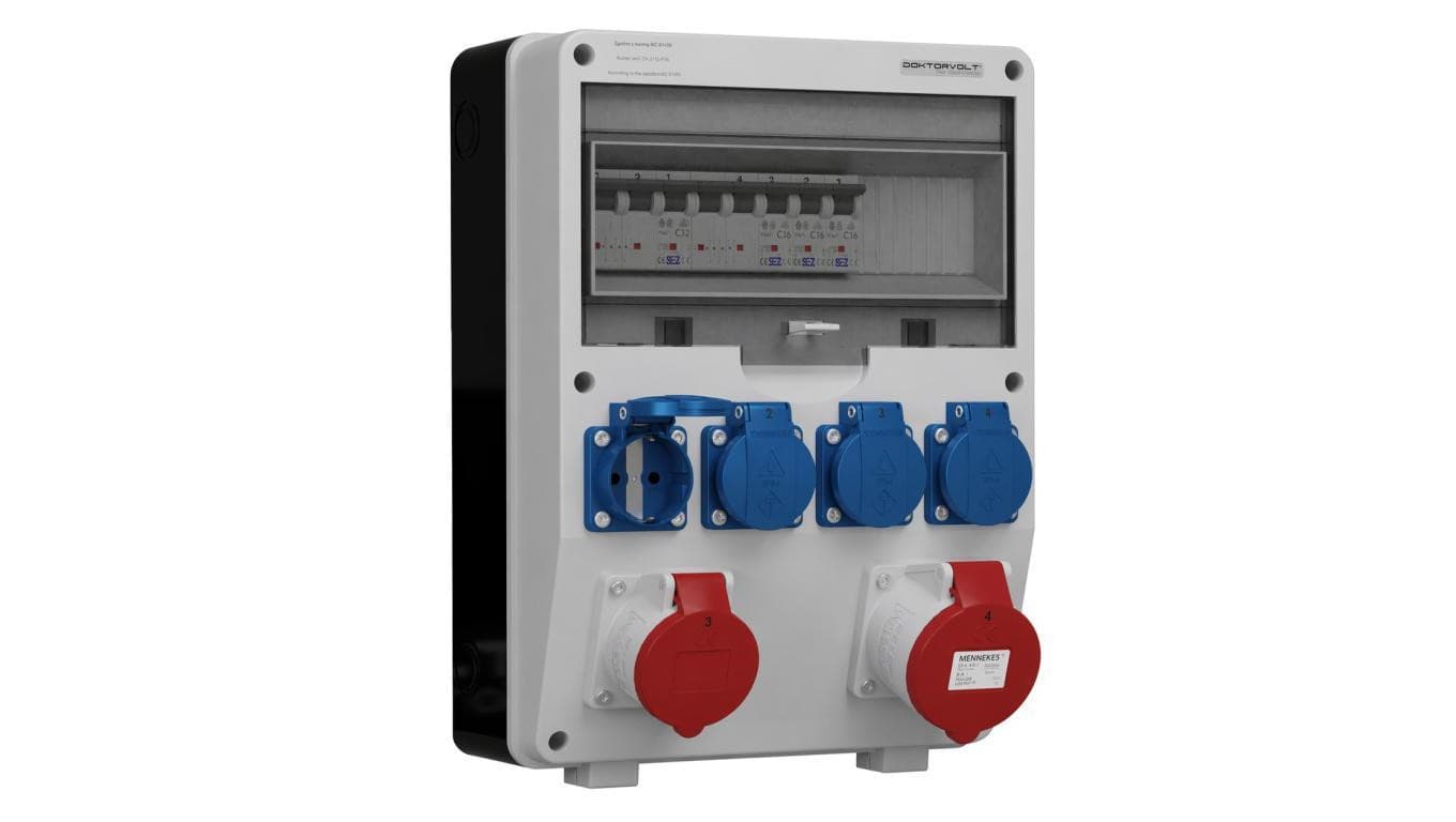 Rozdzielnica budowlana TD-S hermetyczna IP44 Wyposażona + 32A/5P + 16A/5P + 4x230V/2P+Z Schuko DOKTORVOLT DV-2107-D