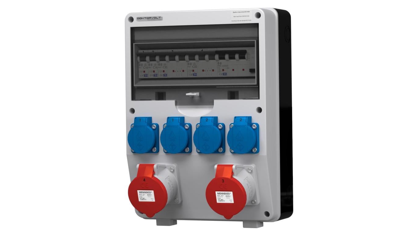 Rozdzielnica budowlana TD-S/FI hermetyczna IP44 Wyposażona + 2x32A5P+ 4x230V/2P+Z Schuko DOKTORVOLT DV-2190-D