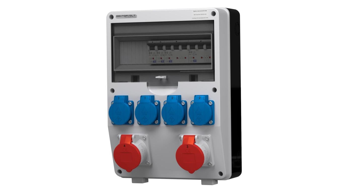 Rozdzielnica budowlana pTD-S/FI hermetyczna IP44 Wyposażona + 16A/5P + 32A5P+ 4x230V/2P+Z Schuko DOKTORVOLT DV-4869-D