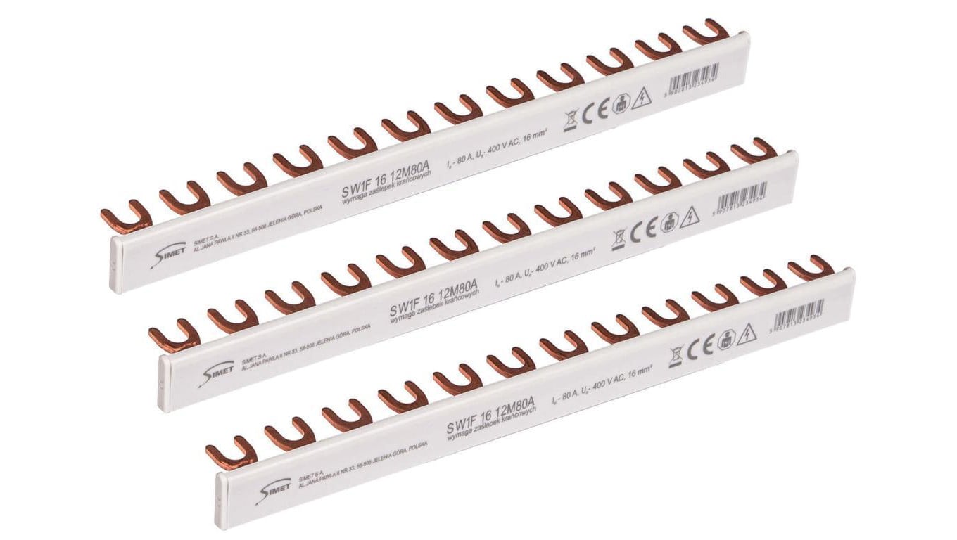 Szyna łączeniowa widełkowa 1-fazowa 16mm2 80A na 12 modułów SIMET