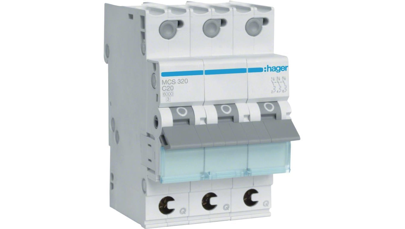 Wyłącznik nadprądowy S bezpiecznik 3-fazowy C20 (C 20A) 3-biegunowy 3P (230/400V AC) 3-modułowy Hager Quick Connect