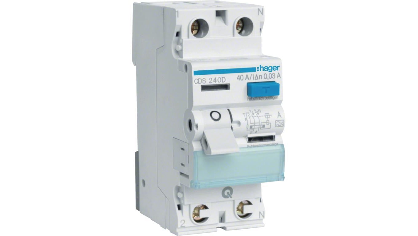 Wyłącznik różnicowoprądowy RCD 1-fazowy 40A 30mA typ A 2-biegunowy 2P (230V / 400V AC) 2-modułowy HAGER Quick Connect