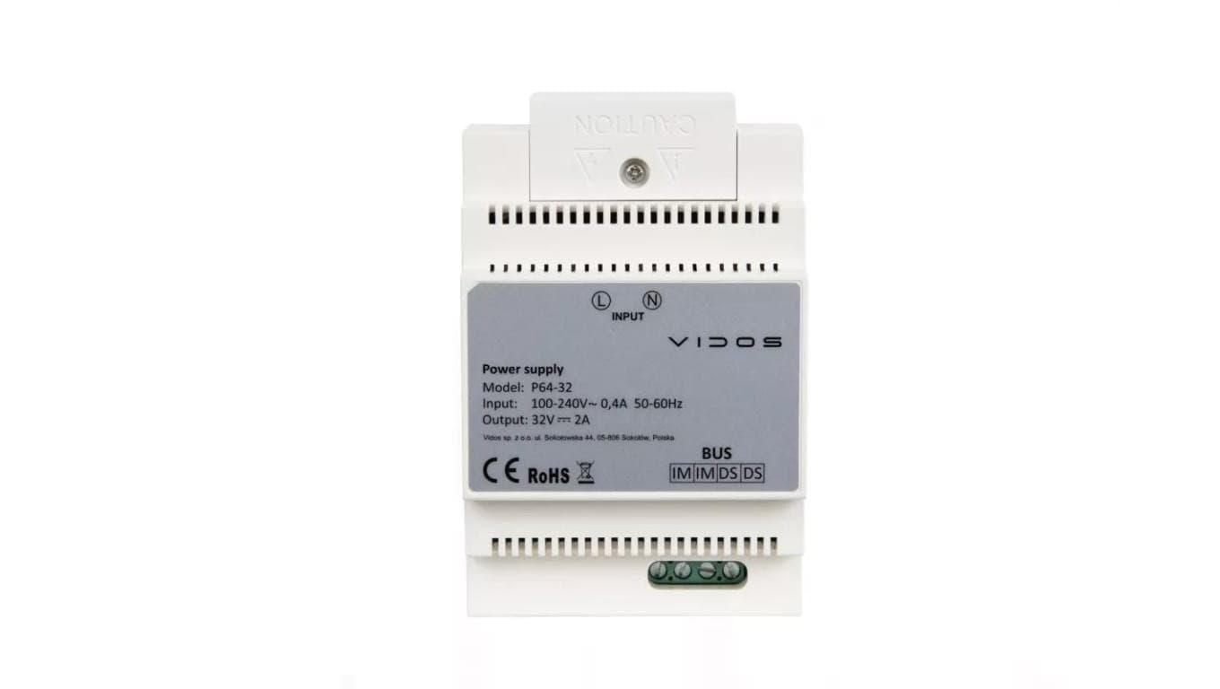 Zasilacz systemowy do pracy w dwużyłowym systemie cyfrowym Vidos 2IP na szynę DIN P64-32 32V DC 2A
