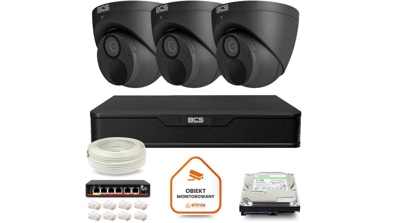Zestaw monitoringu IP 3x kamera BCS-P-EIP28FWR3-Ai2-G + rejestrator 1TB