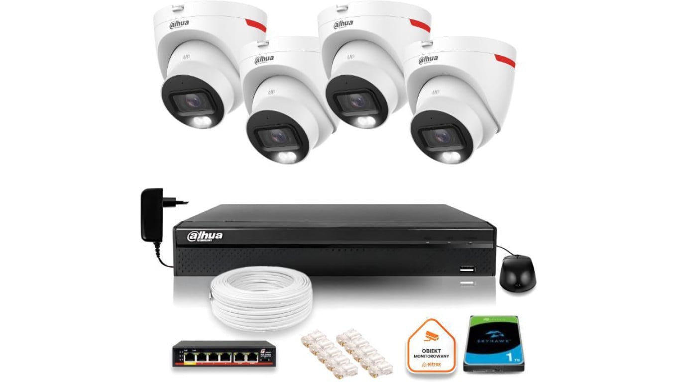 Zestaw monitoringu IP 4x kamera 4Mpx IPC-HDW2449T-S-LED-0280B-PRO + rejestrator, switch, dysk 2TB
