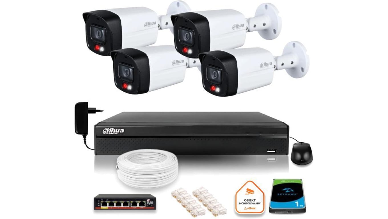 Zestaw monitoringu IP 4x kamera 8Mpx IPC-HFW1839TC-A-IL-0280B-S6 + rejestrator, switch, dysk 2TB