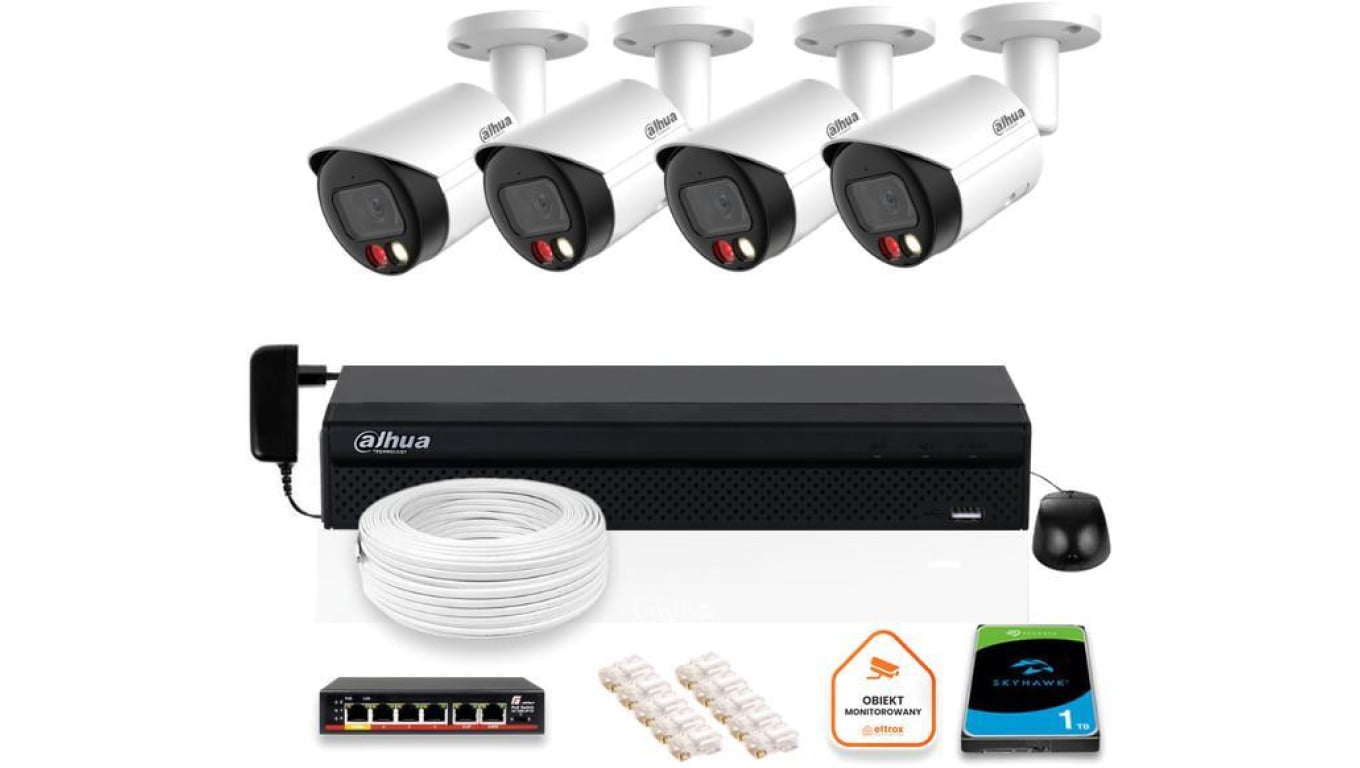 Zestaw monitoringu IP 4x kamera 8Mpx IPC-HFW2849S-S-IL + rejestrator, switch, dysk 2TB