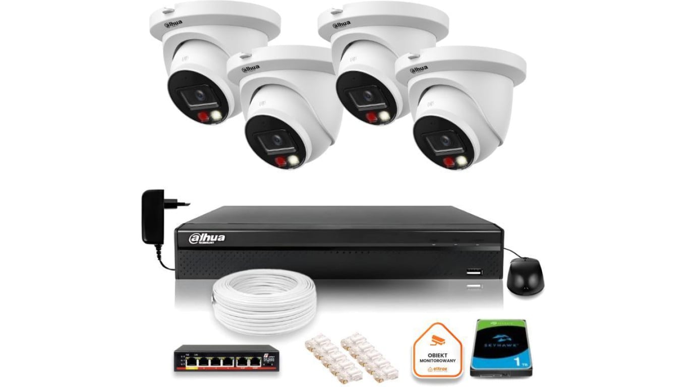 Zestaw monitoringu IP 4x kamera kopułkowa 8Mpx IPC-HDW2849TM-S-IL + rejestrator, dysk 2TB