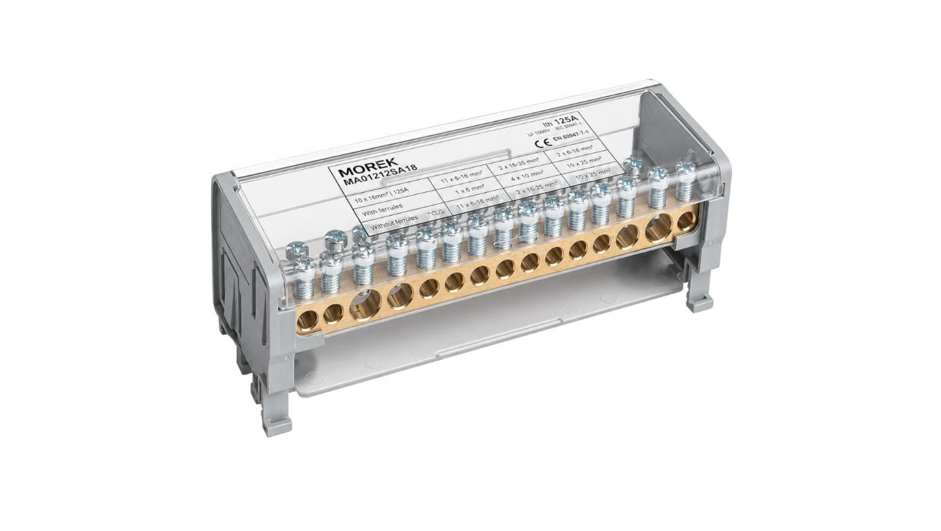 Blok rozdzielczy dystrybucyjny Listwa łączeniowa 2x15 125A na szynę DIN TH35 2x (2x 10-35mm2 + 2x 10-25mm2 + 11x 1,5-6mm2) MOREK