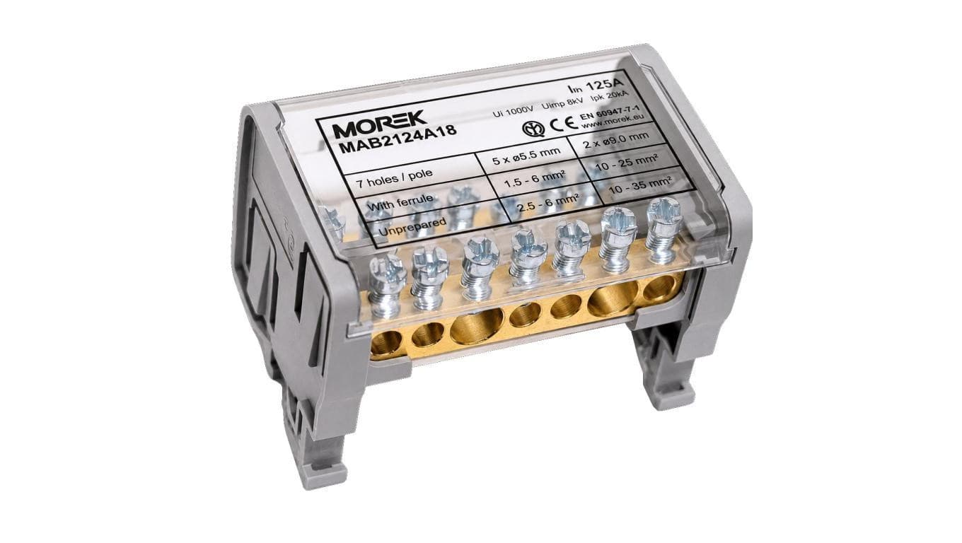 Blok rozdzielczy dystrybucyjny Listwa łączeniowa 2x7 125A na szynę DIN TH35 2x (2x 10-35mm2 + 5x 1,5-6mm2) Moblock MOREK