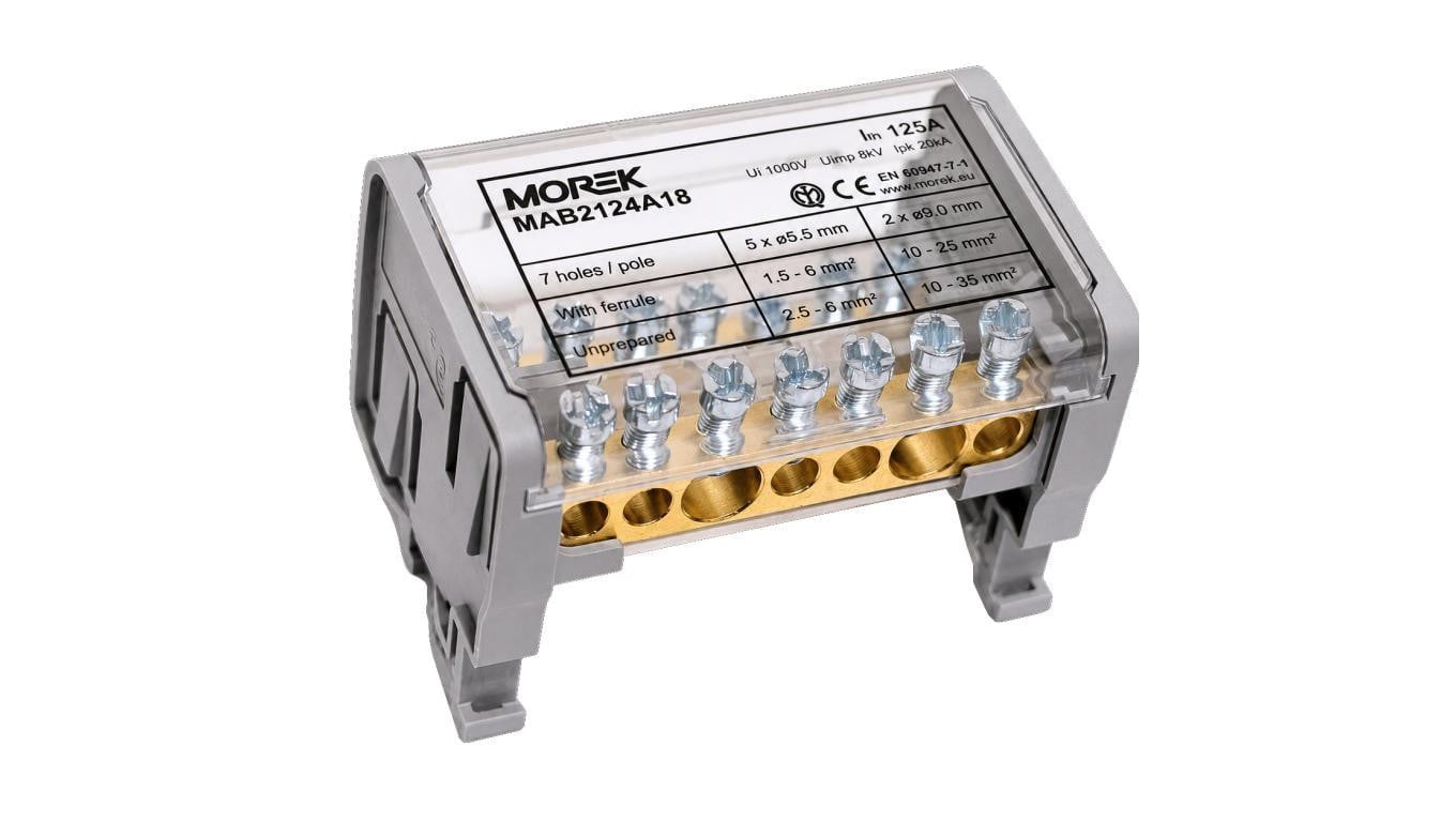 Blok rozdzielczy dystrybucyjny Listwa łączeniowa 2x7 125A na szynę DIN TH35 2x (2x 10-35mm2 + 5x 1,5-6mm2) Moblock MOREK