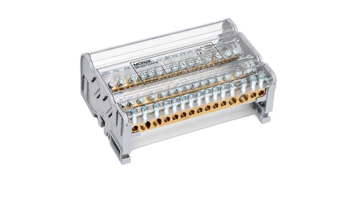 Blok rozdzielczy dystrybucyjny Listwa łączeniowa 4x15 125A na szynę DIN TH35 4x (2x 10-35mm2 + 2x 10-25mm2 + 11x 1,5-6mm2) MOREK