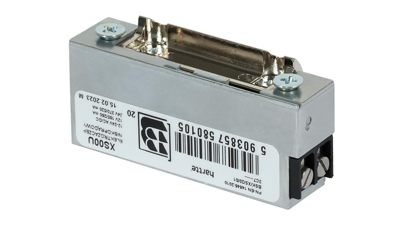 Elektrozaczep Hartte XS00U niskoprądowy wąski z uniwersalnym zasilaniem 12-24V AC/DC