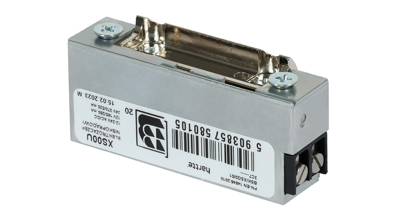 Elektrozaczep Hartte XS00U niskoprądowy wąski z uniwersalnym zasilaniem 12-24V AC/DC