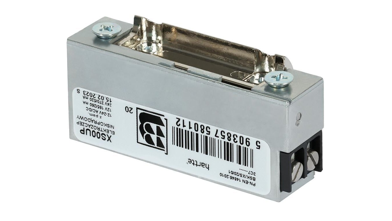 Elektrozaczep Hartte XS00UP niskoprądowy wąski z pamięcią oraz uniwersalnym zasilaniem 12-24V AC/DC