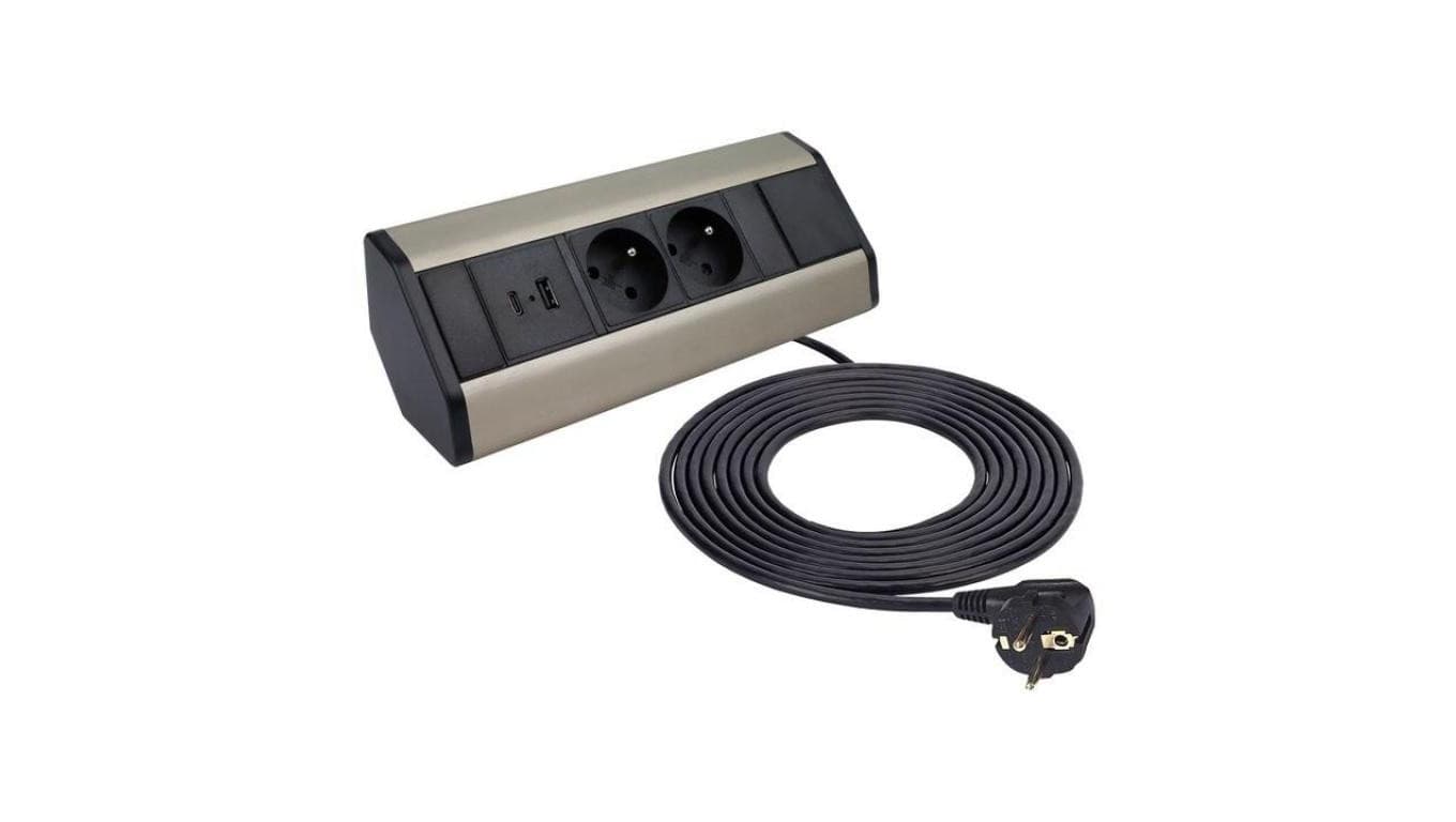 Gniazdo meblowe, blatowe 2x2P+Z 16A 230V + 1xUSB A + 1xUSB C 3,1A 5V przedłużacz narożny 1,8m aluminium CORNER BOX