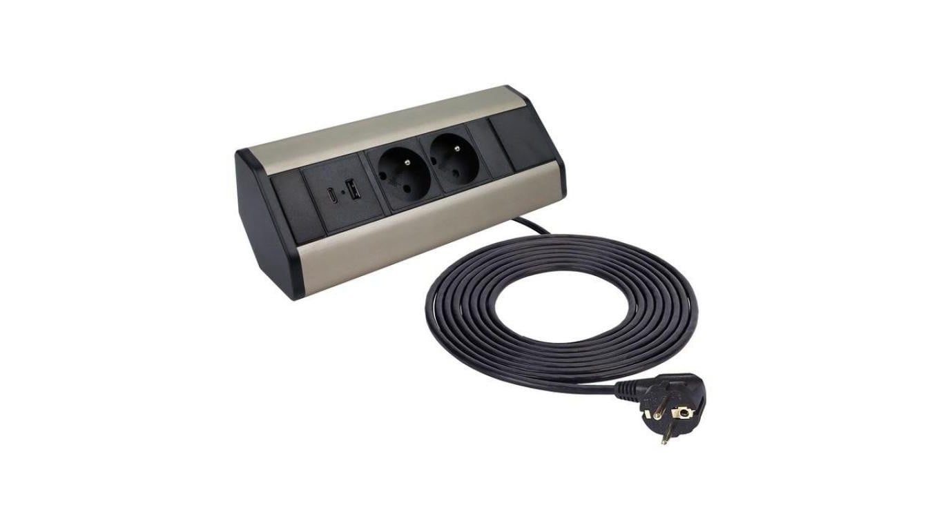 Gniazdo meblowe, blatowe 2x2P+Z 16A 230V + 1xUSB A + 1xUSB C 3,1A 5V przedłużacz narożny 1,8m aluminium CORNER BOX