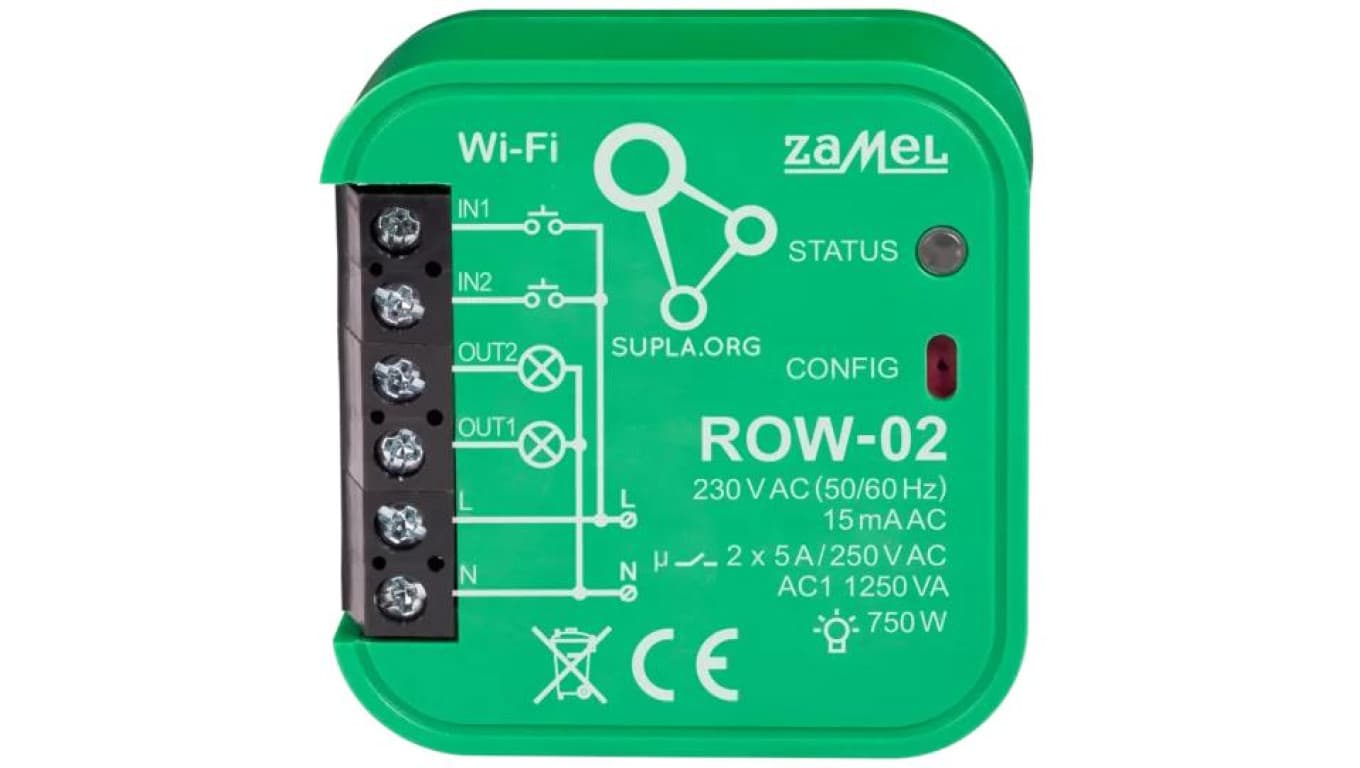Inteligentny sterownik Wi-Fi 2-kanałowy do oświetlenia ROW-02 SUPLA ZAMEL Puszkowy2xNO 5A/250 VAC