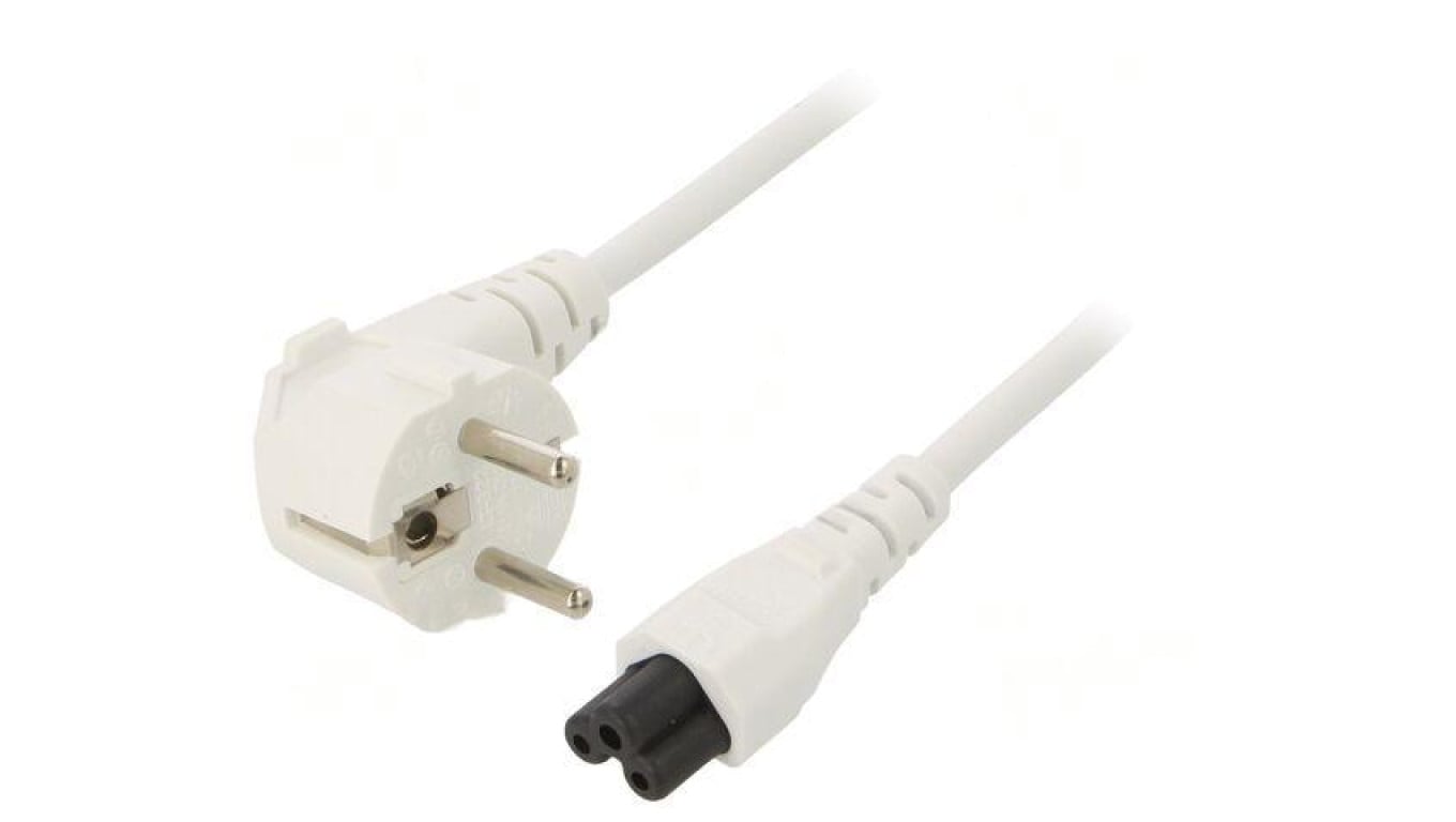 Kabel: 3x0,75mm2, CEE 7/7 (E/F) wtyk kątowy,IEC C5 żeński LT-322+535 H05VV-F 0.75/3C WHT 1.5M