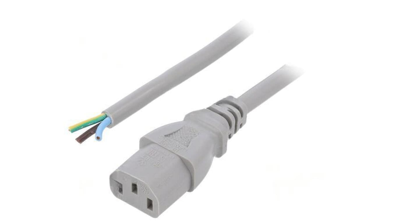 Kabel: 3x1mm2, IEC C13 żeński, 1m, 10A, 250V LT-501 H05VV-F 1.0/3C GRY 1M END