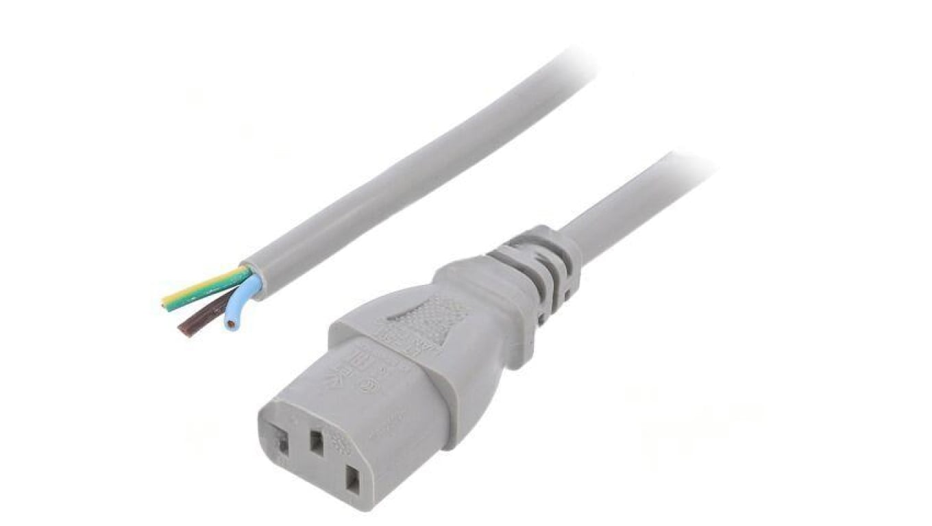 Kabel: 3x1mm2, IEC C13 żeński, 1m, 10A, 250V LT-501 H05VV-F 1.0/3C GRY 1M END