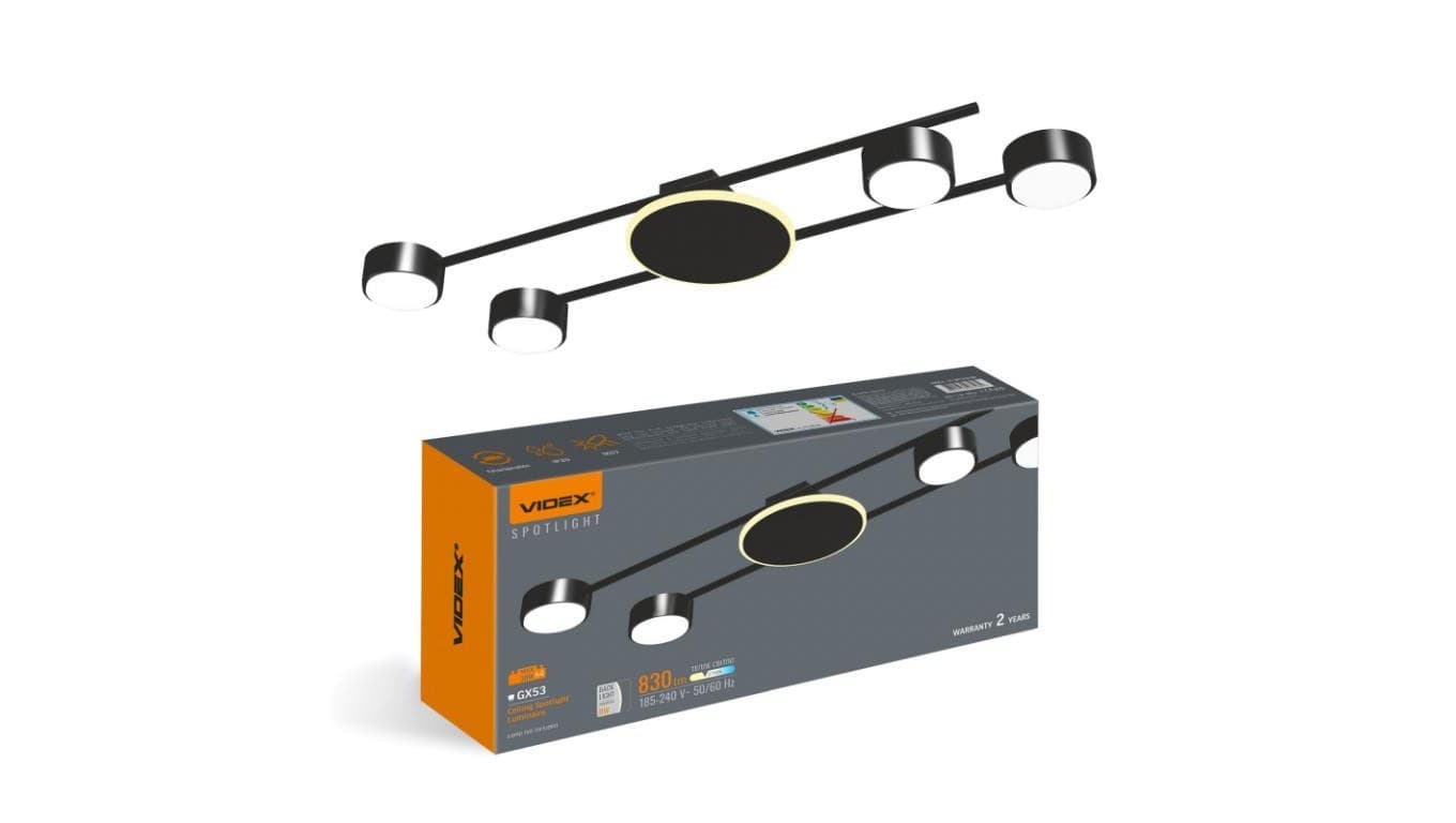 Lampa Sufitowa Żyrandol Oprawa 4x GX53 9W 830lm 2700K Ciepła Czarna Natynkowa Videx