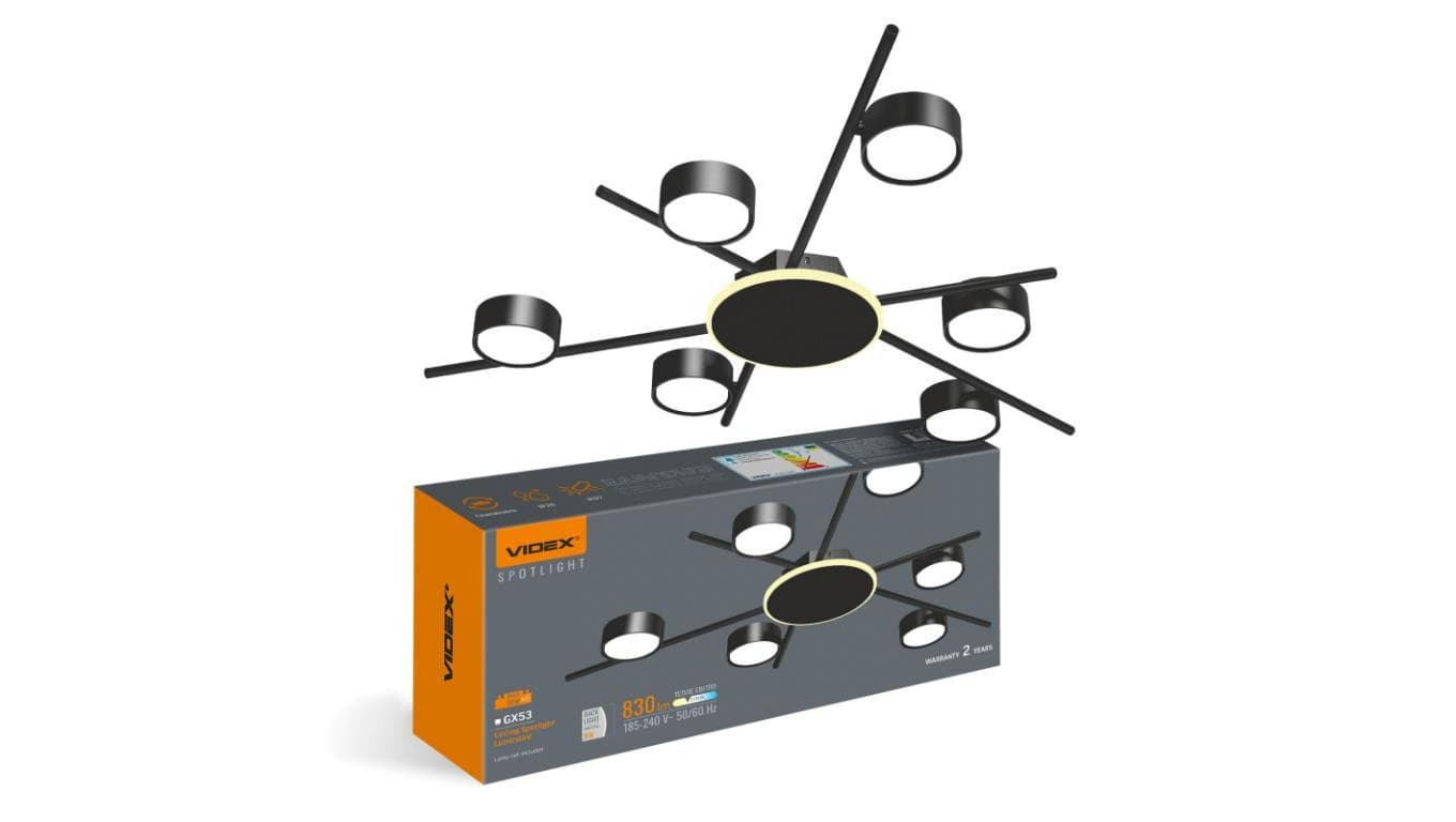 Lampa Sufitowa Żyrandol Oprawa 6x GX53 9W 830lm 2700K Ciepła Czarna Natynkowa Videx