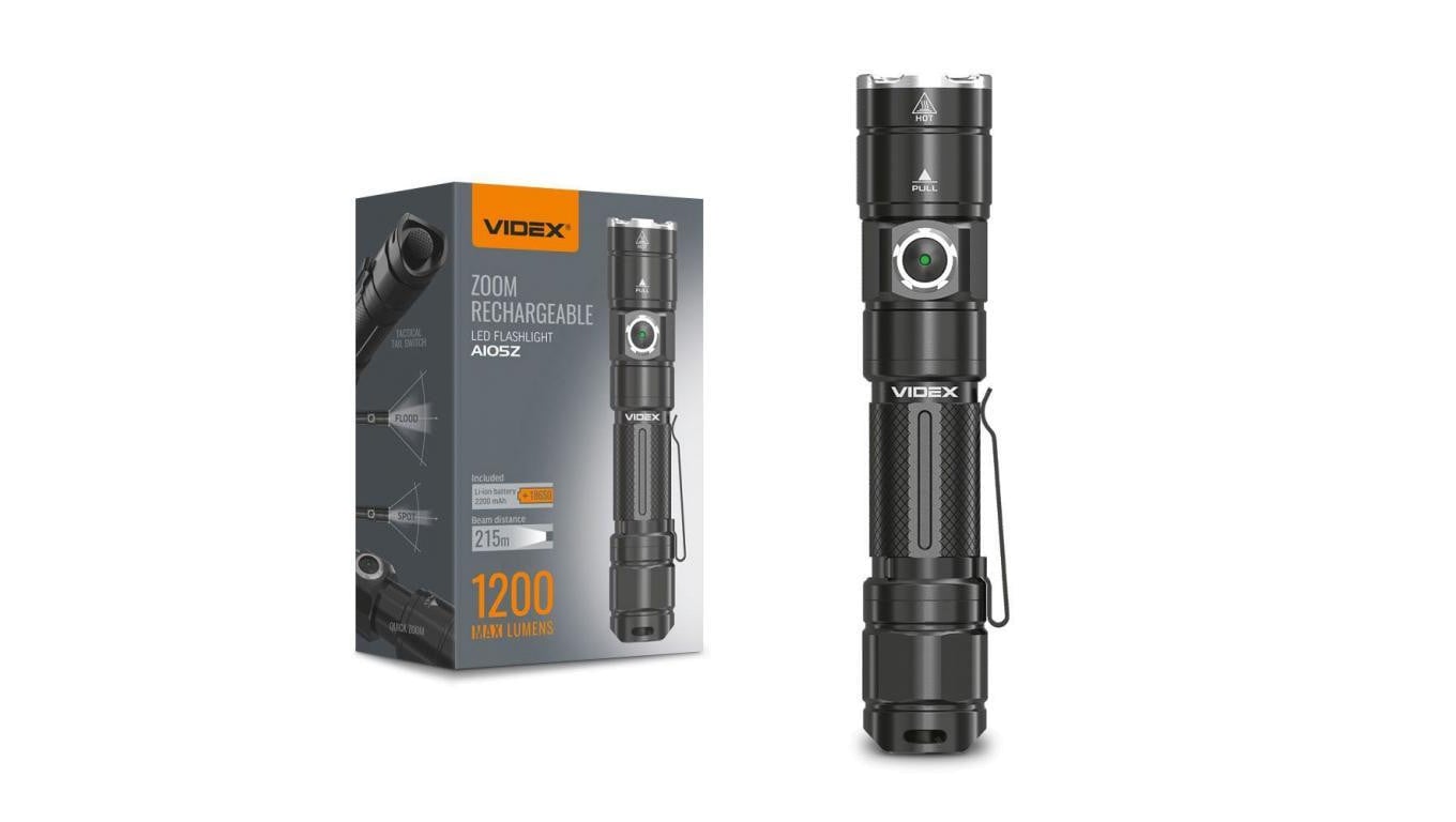 Latarka Ręczna Akumulatorowa LED 10W 1200lm Zoom 6 Trybów Pracy USB-C IP44 Videx