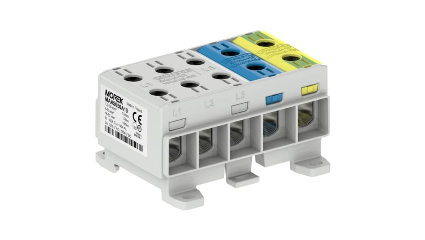 Listwa zaciskowa 5-torowa Al/Cu 1,5-50mm2 160A 1500V na szynę TH35 szary, niebieski, żółto-zielony MOREK